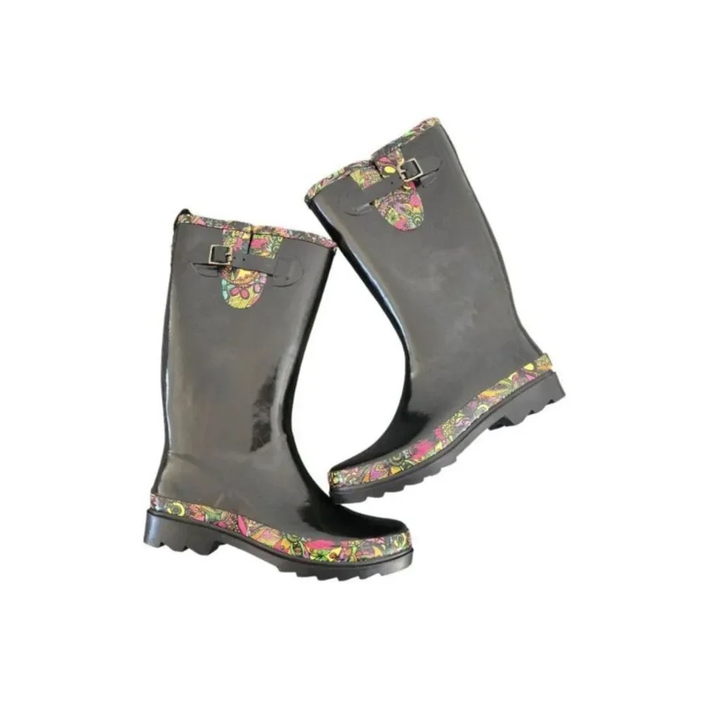 Sak Roots Knee High Rainboots Women 9 Black Slip-On Fall Winter